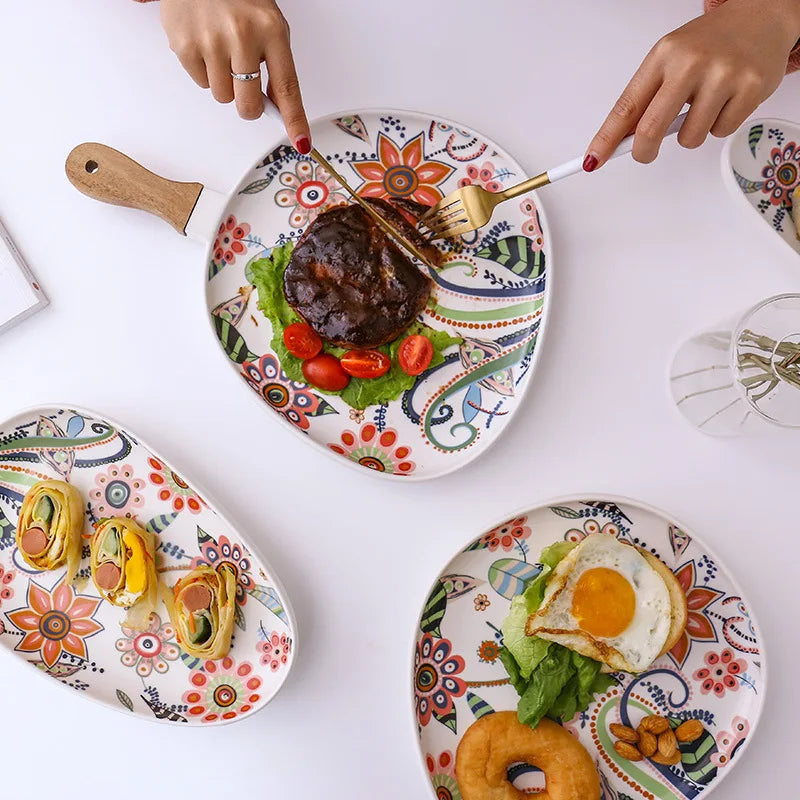 Oval dinner plate high temperature matte glaze acacia wood handle ceramic plate steak plate Western food plate pasta plate