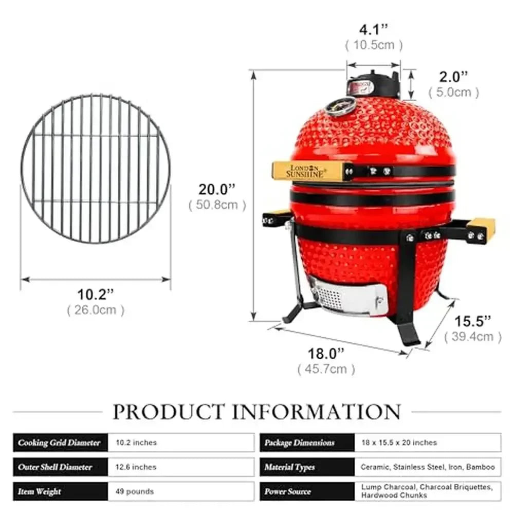 Portable Ceramic BBQ Kamado Grill 13 inch with Thermometer and Bamboo Handles Easy Assembly Smoking Baking and Grilling Ideal