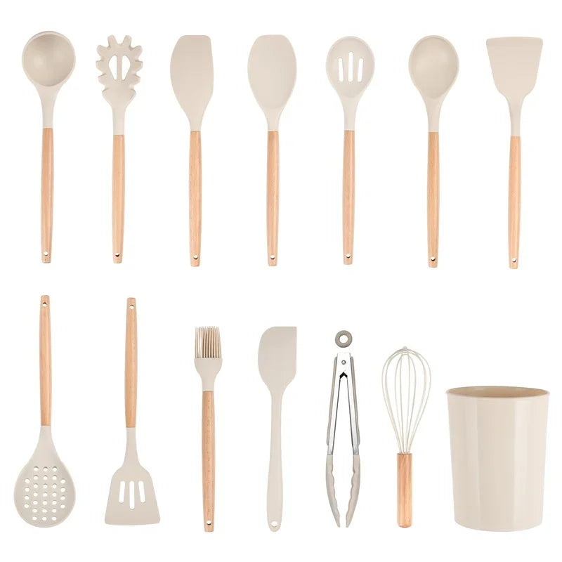 14pcs Kitchen Cooking Utensil Set with Caddy Heat Resistant Silicone Tools Non Stick Cookware Food Safe BPA Free Dishwasher Safe