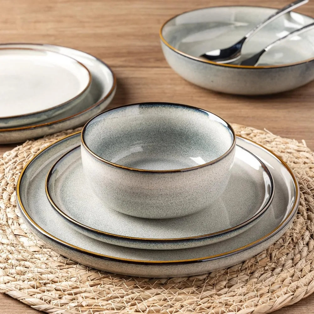 GBHOME Ceramic Dinnerware Sets for 4, 12 Pieces Stoneware Plates and Bowls Sets, Reactive Glaze Dishes -Scratch Resistant, Dishw