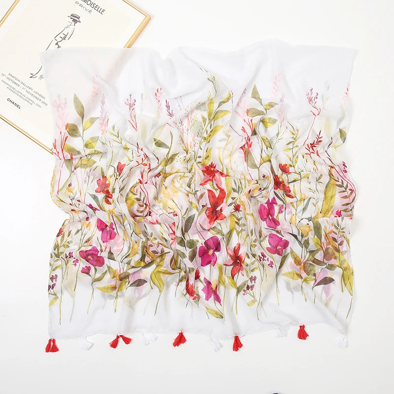 Womens Fashion Print Scarf  Wrap Shawls Retro Soft Floral Tassel Scarves