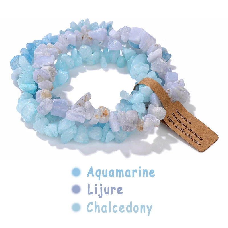3pcs/set Natural Crystal Gem Stone Bracelet 5-8mm Irregular Amethysts Aquamarine Chips Beads Bracelets Women Men Elastic Jewelry