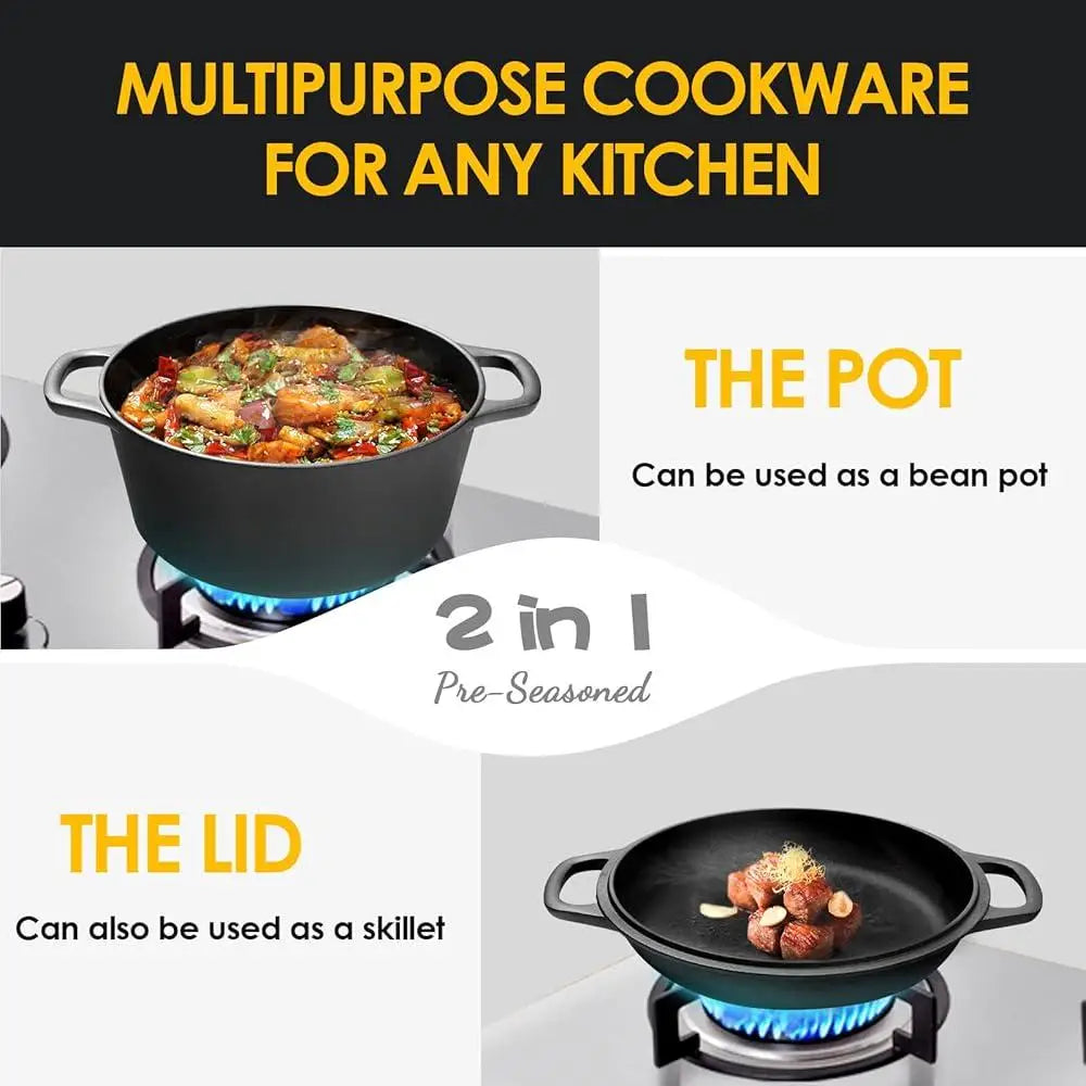 2-in-1 Pre-Seasoned Cast Iron Dutch Oven with Skillet Lid Cookware Set Cast Iron Cooking Pot with Handles