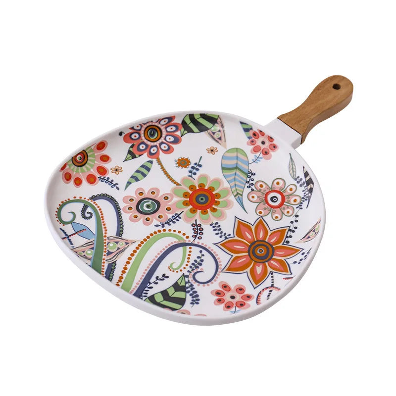 Oval dinner plate high temperature matte glaze acacia wood handle ceramic plate steak plate Western food plate pasta plate