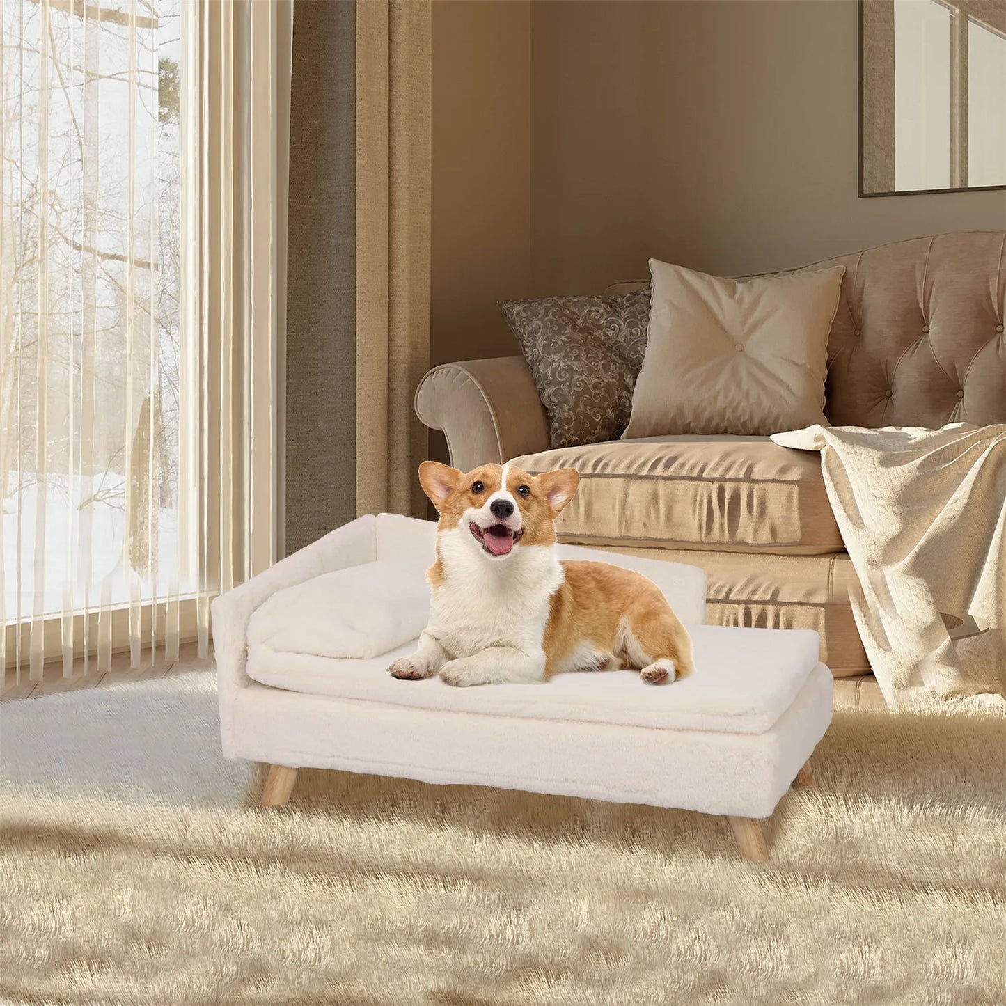Elevated Pet Bed Pet Stool Bed with Cozy Pad Pet Sofa Bed with Sturdy Wood Legs for Small Animals