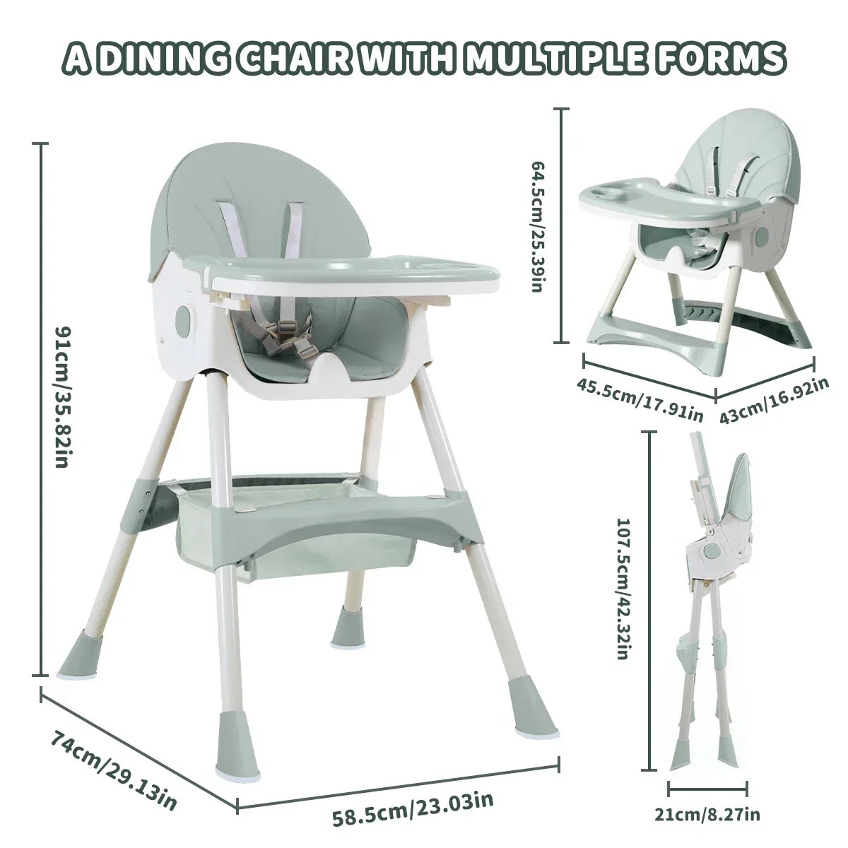Foldable children's feeding chair, with multi-adjustable backrest, Can switch between high and low, Lightweight baby high chair