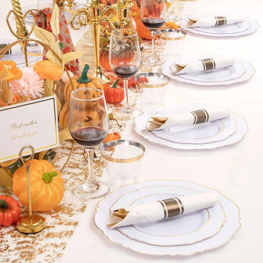 350PCS Gold Plastic Plates-Disposable White and Gold Plates 50guest Baroque Plastic Dinnerware include 100Plates, 50Pack Pre Rol