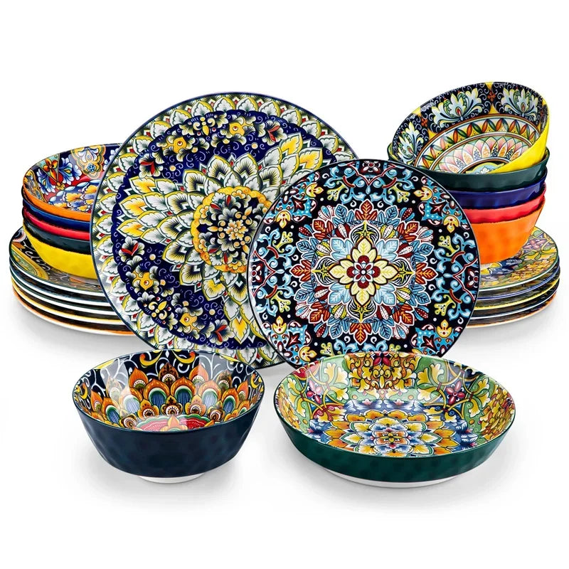 24 Piece Plates and Bowls Ceramic Dinnerware Set Stoneware Dinner/Dessert Plate Salad Soup Bowls Tableware Set