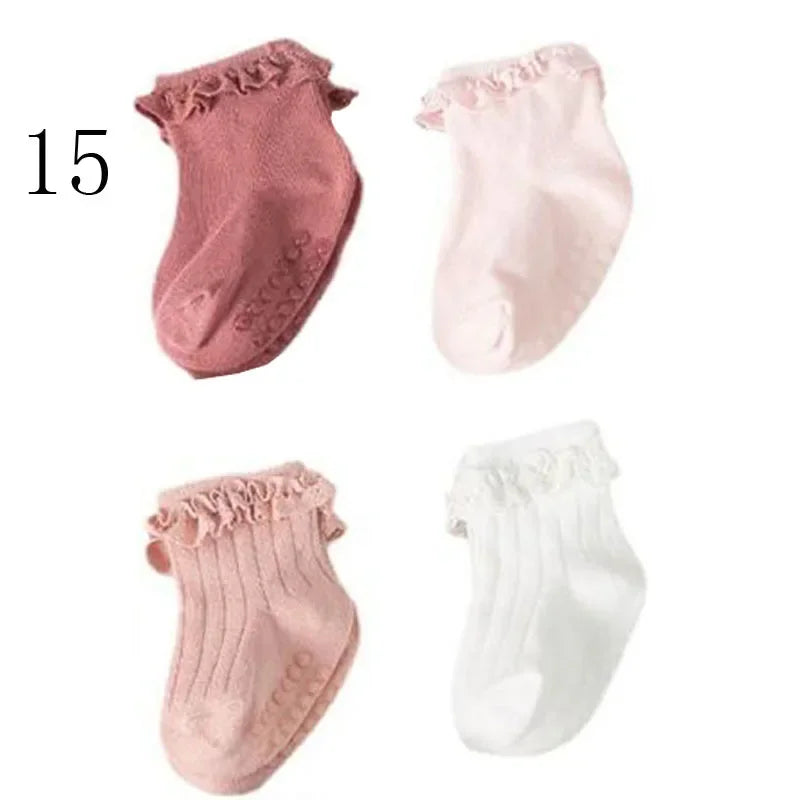 4 Pair new baby children's non-slip autumn winter cotton socks solid color baby foot socks