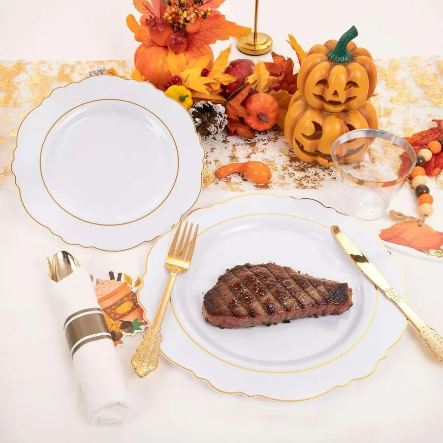 350PCS Gold Plastic Plates-Disposable White and Gold Plates 50guest Baroque Plastic Dinnerware include 100Plates, 50Pack Pre Rol