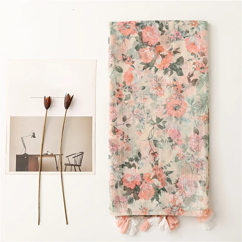 2025 Floral Designer Women Scarf Luxury Cotton Linen Feeling Big Long Scarves Shawl Warm Gauze Wraps Tassel