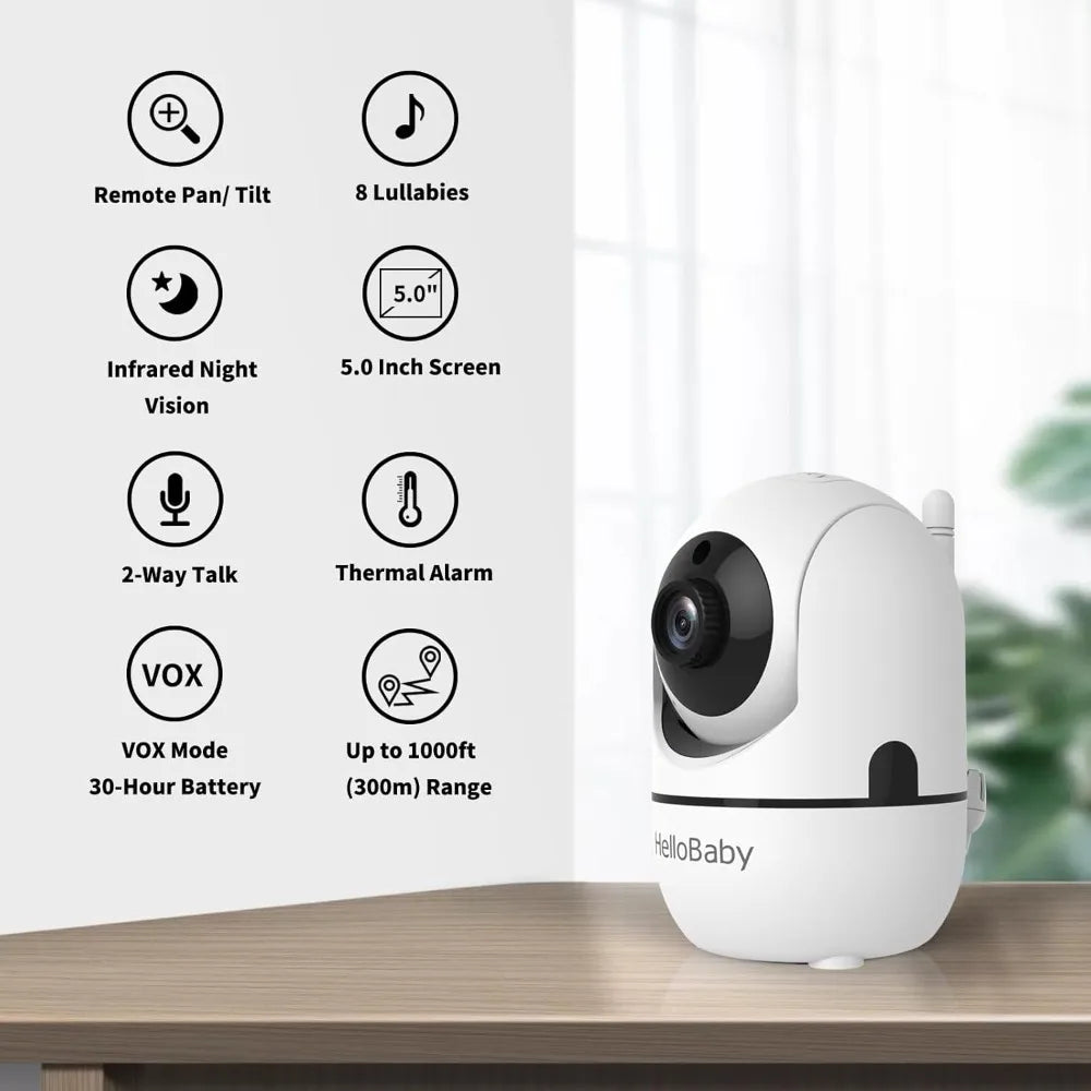 HB6550 5" Baby Monitor 3 Cameras, 30-Hour Battery, Pan-Tilt-Zoom,1000ft Range Video Audio Baby Monitor No WiFi, ECO, Night Visi