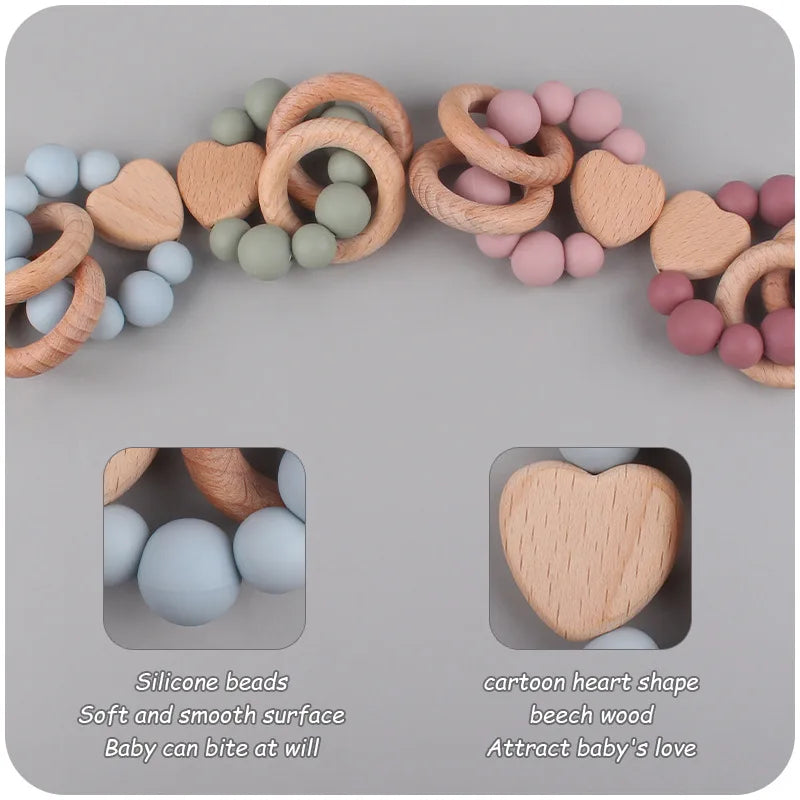 New Baby Products Made of Beech Cartoon Love Soothe Baby Silicone Bite Grinding Beech Wood Toys Baby Accessories Bebes teether