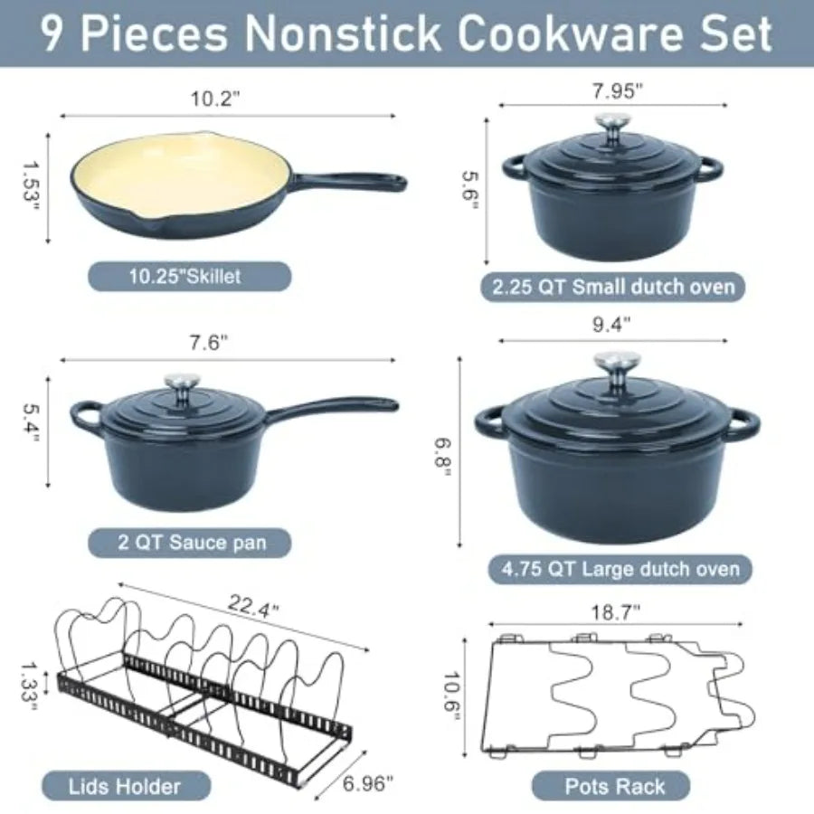 Nonstick Enameled Cast Iron Cookware Set 9 Pieces Dutch Oven Pot with Lid for Braising Stews Roasting Bread Baking Cooking Pot