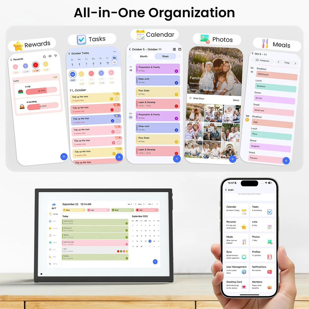 10.1" Digital Calendar Person Family Schedule Planning Interactive Touchscreen Smart Daily Weekly Monthly Planner Shared Album