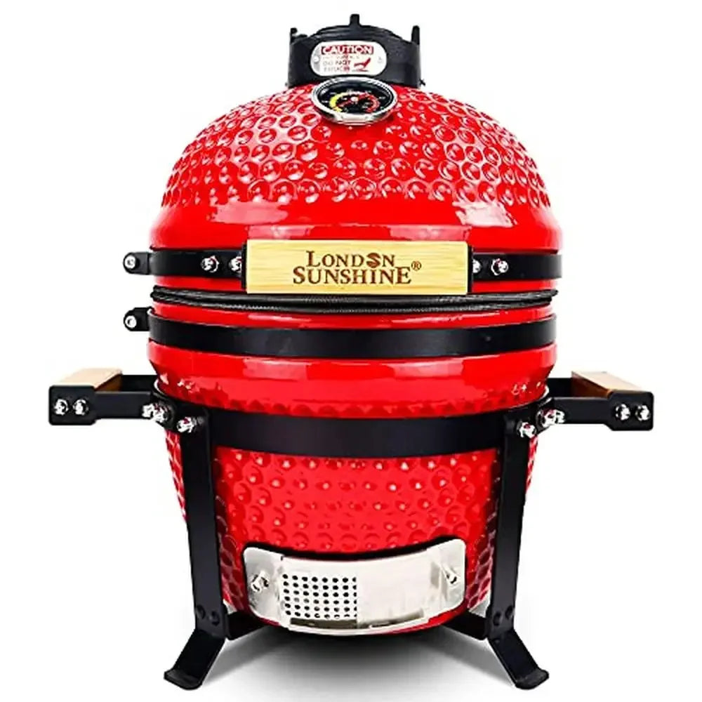 Portable Ceramic BBQ Kamado Grill 13 inch with Thermometer and Bamboo Handles Easy Assembly Smoking Baking and Grilling Ideal