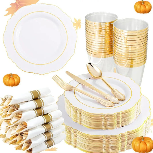 350PCS Gold Plastic Plates-Disposable White and Gold Plates 50guest Baroque Plastic Dinnerware include 100Plates, 50Pack Pre Rol