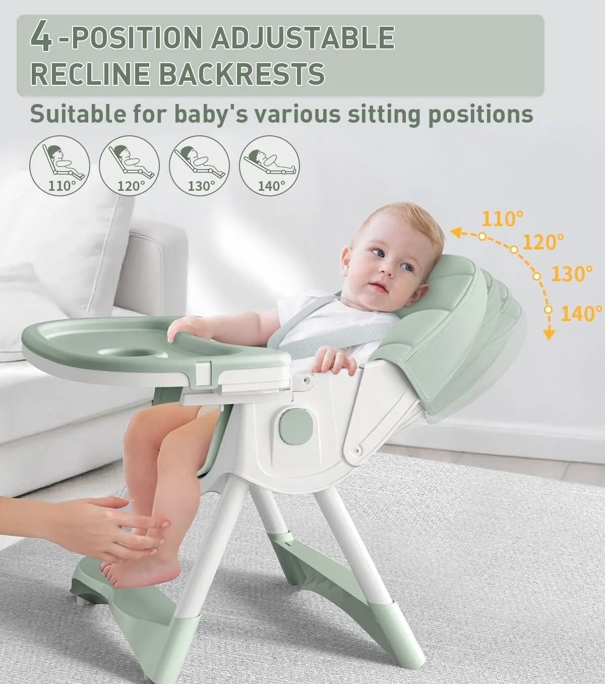 Foldable children's feeding chair, with multi-adjustable backrest, Can switch between high and low, Lightweight baby high chair