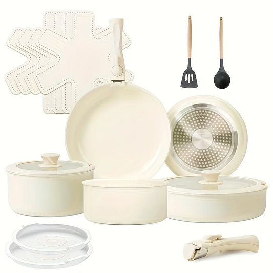 17pcs Ceramic Nonstick Kitchen Pots And Pans Set Cookware Sets With Removable Handles, Non-toxic Essential RV Kitchen Set