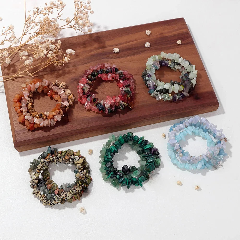 3pcs/set Natural Crystal Gem Stone Bracelet 5-8mm Irregular Amethysts Aquamarine Chips Beads Bracelets Women Men Elastic Jewelry