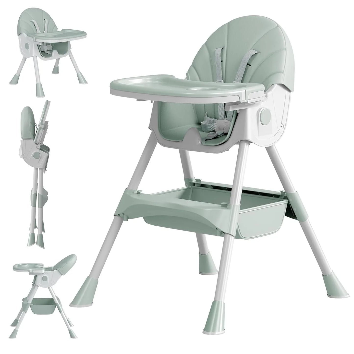 Foldable children's feeding chair, with multi-adjustable backrest, Can switch between high and low, Lightweight baby high chair