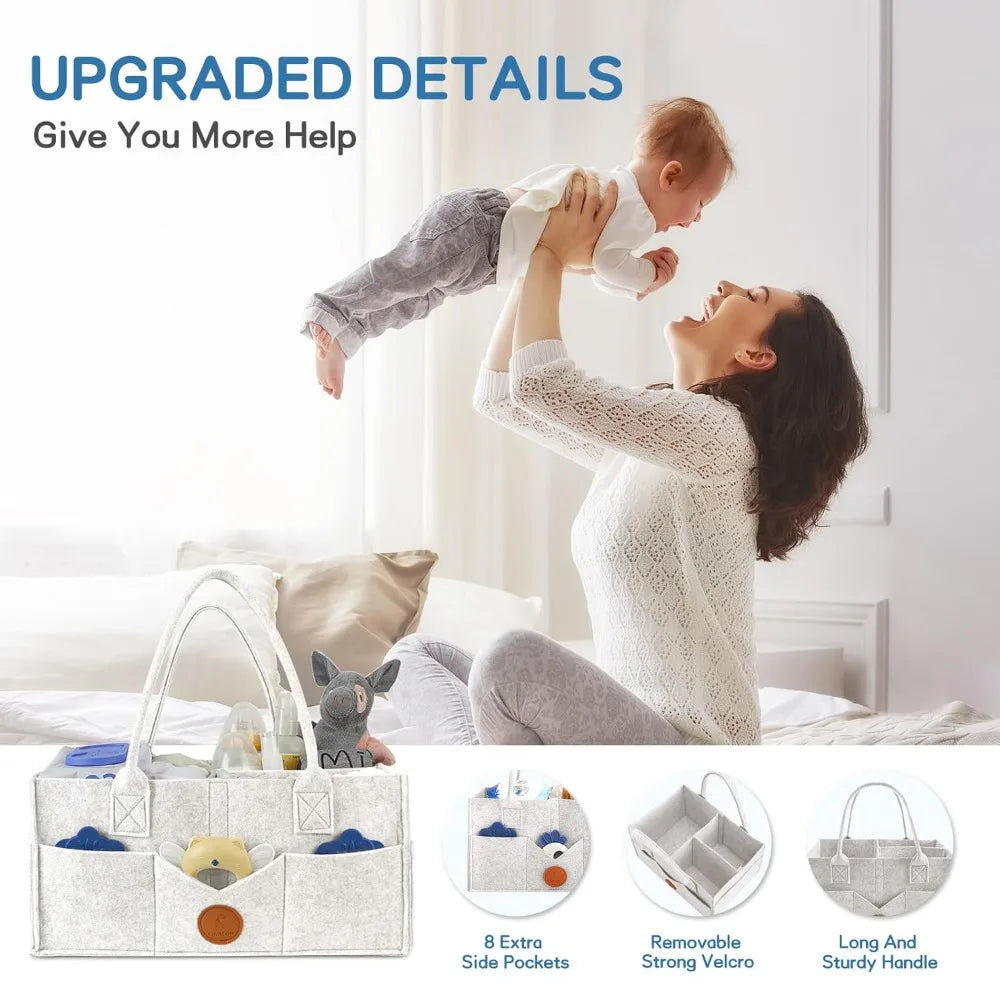 baby diaper caddy, nursery storage bin & car organizer with handle, large felt bag for newborn essentials boy or girl, changing