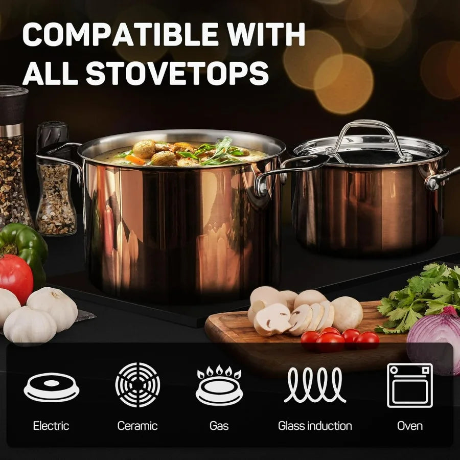 Whole 3 ply 18 10 Stainless Steel Pot and Pan Set 10 Piece Copper Pots and Pans Set with Stainless Steel Lid Induction Cookwar