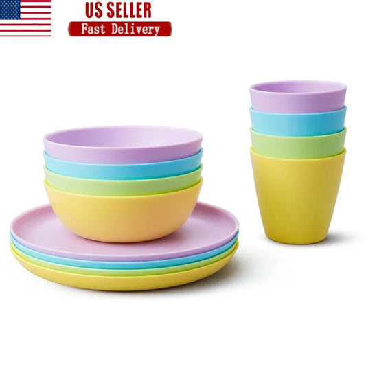 12 Piece Toddler Multi Dining Set BPA Free Stackable Plates Bowls Cups Lightweight Perfect Kids Feeding Meals Snacks