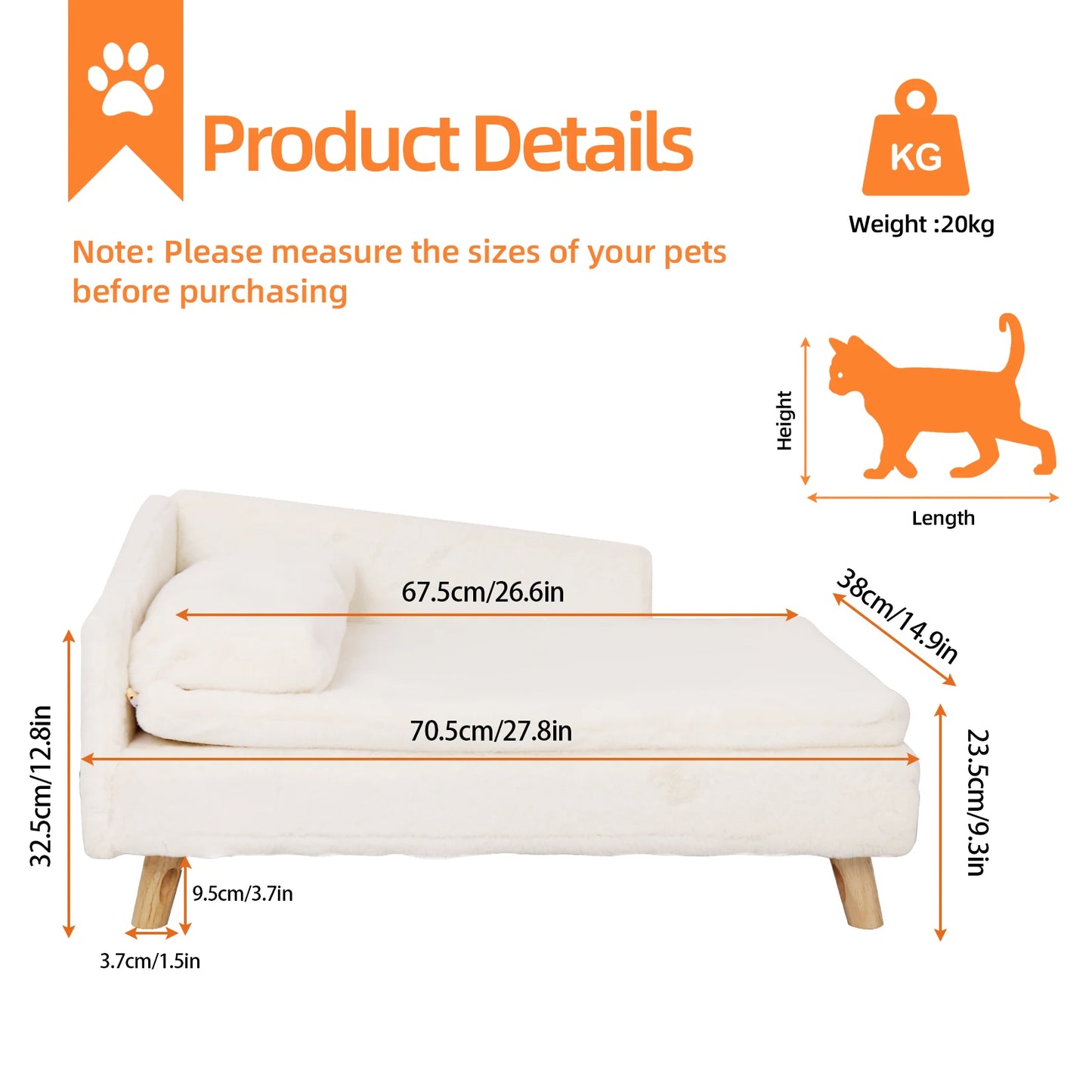 Elevated Pet Bed Pet Stool Bed with Cozy Pad Pet Sofa Bed with Sturdy Wood Legs for Small Animals