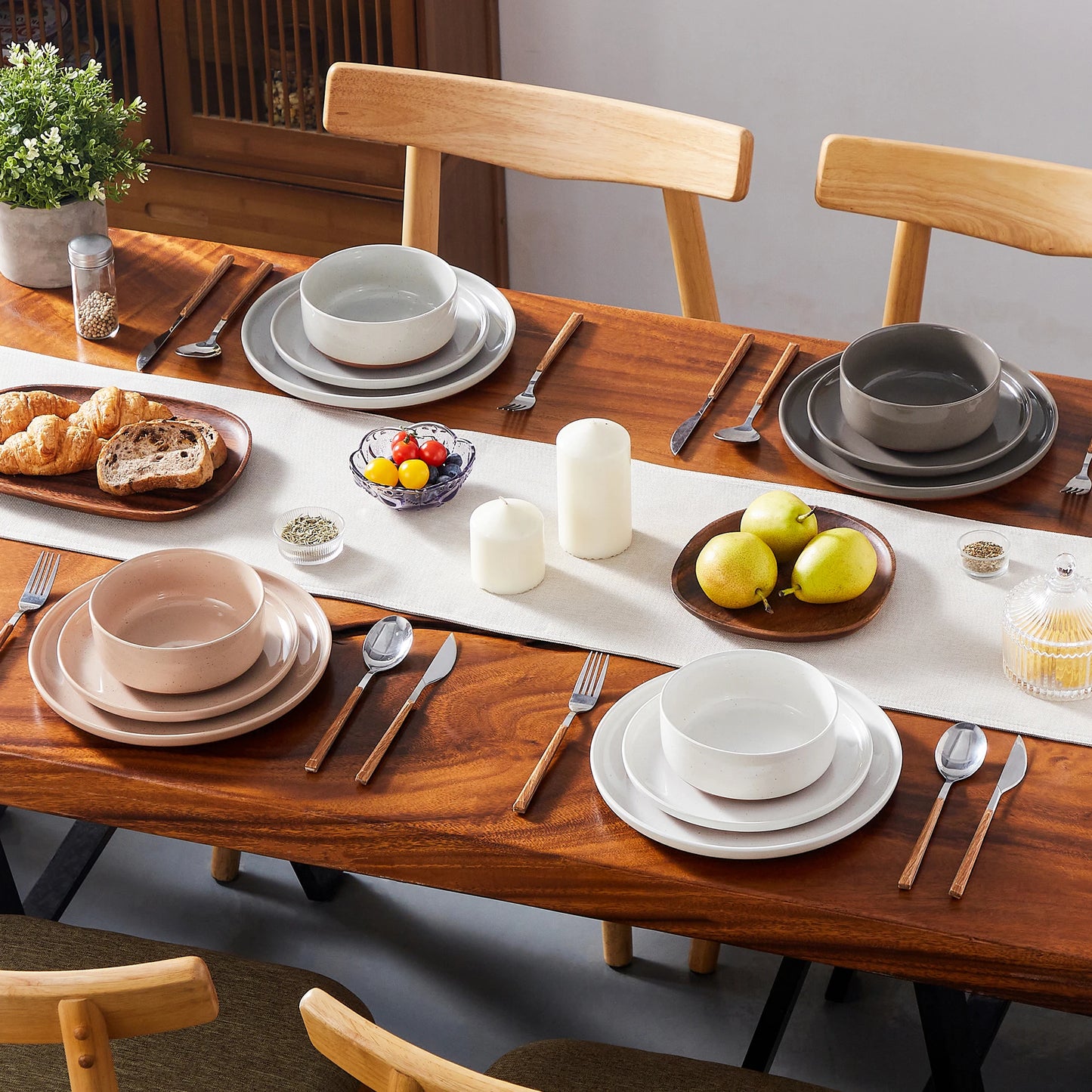 MALACASA TARA 12/24 Pcs Dinnerware Set Curved Edge Sesame Glaze Stoneware Plates Set With 4/6pcs Dinner Plate/Dessert/Bowl