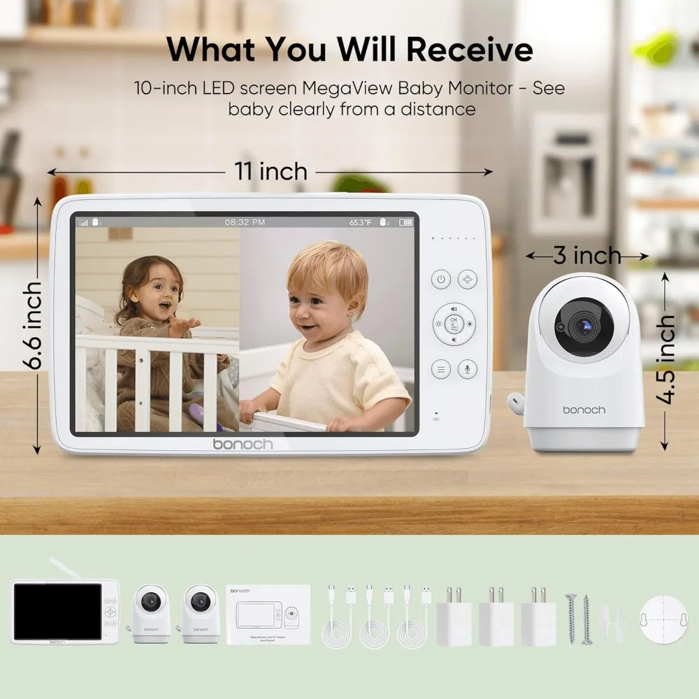 MegaView Baby Monitor, 10" Video Monitor with 2 Cameras, 10000mAh Battery, Quad Split Screen Baby Monitor with Camera and Audio