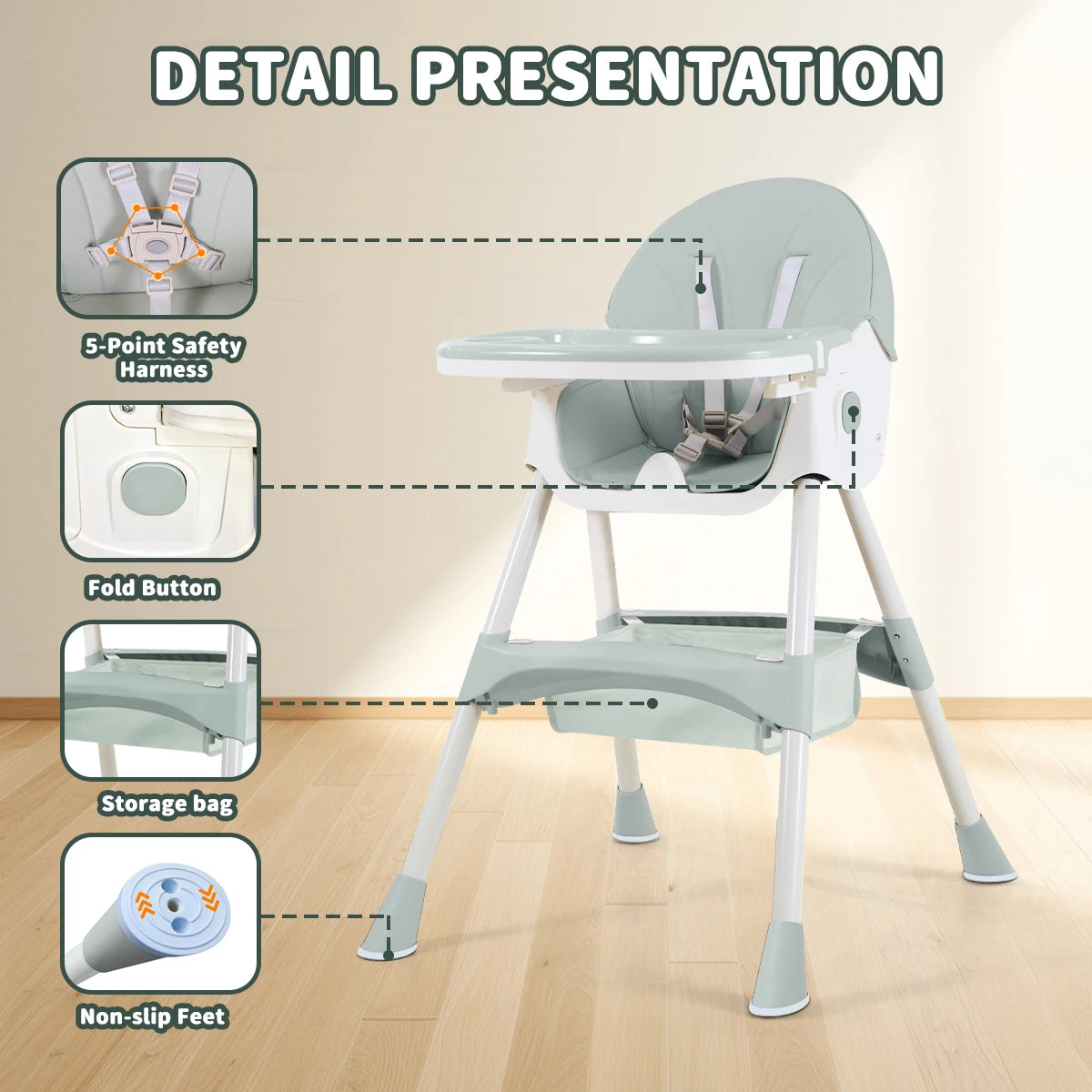 Foldable children's feeding chair, with multi-adjustable backrest, Can switch between high and low, Lightweight baby high chair