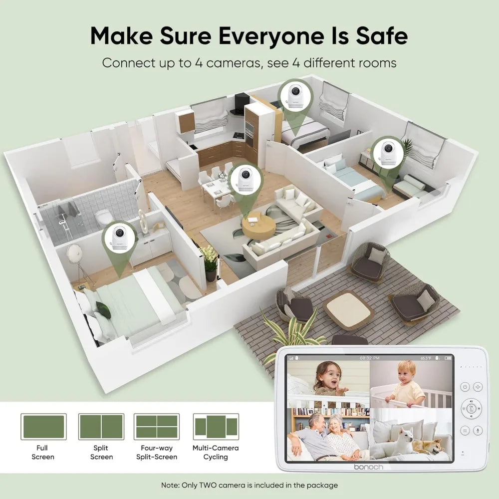 MegaView Baby Monitor, 10" Video Monitor with 2 Cameras, 10000mAh Battery, Quad Split Screen Baby Monitor with Camera and Audio