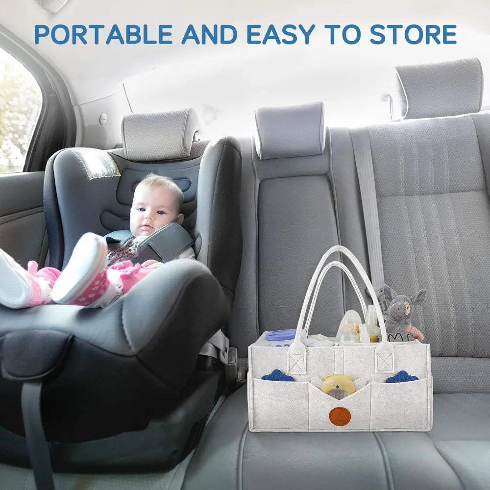 baby diaper caddy, nursery storage bin & car organizer with handle, large felt bag for newborn essentials boy or girl, changing
